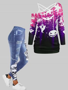 Halloween Bat Ghost Pumpkin Print T-shirt Flower Lace Cami Top And Skull Faux Denim 3D Print Jeggings Outfit