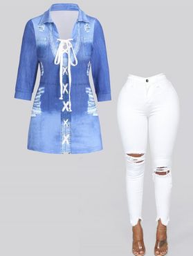 Lace Up Faded Wash Ripped Denim 3D Print Top And Pockets Zipper Fly Frayed Hem Ripped Jeans Casual Outfit