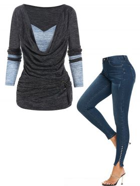 Colorblock Space Dye Print Cowl Collar Knotted T Shirt And Studded Slit Jeans Casual Outfit