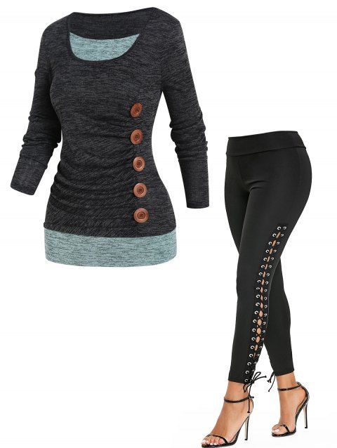 Colorblock Space Dye Mock Button Long Sleeve Faux Twinset T Shirt And Skinny Lace Up Leggings Outfit