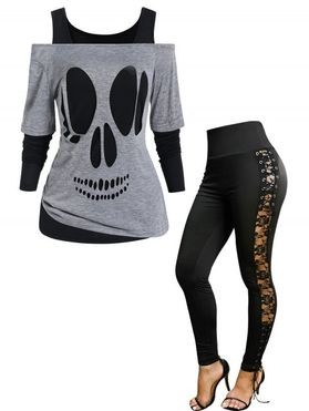 Off The Shoulder Skull Cut Out Top Cold Shoulder Long Sleeve T-shirt And Floral Lace Panel Lace Up Leggings Outfit