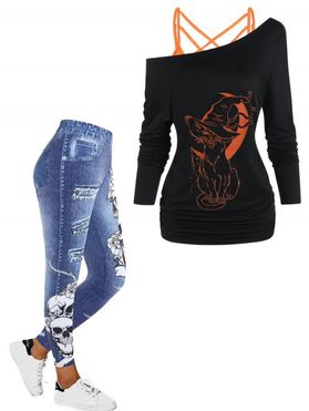 Halloween Cat Witch Moon Print Skew Collar T-shirt Lattice Cami Top And Flower Skull Faux Denim 3D Print Jeggings Outfit