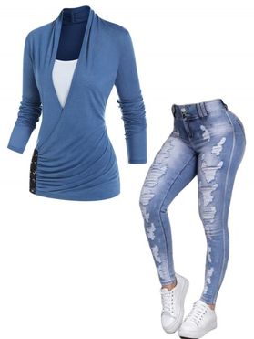 Colorblock Lace Up Ruched Crossover 2 In 1 T Shirt And Zipper Fly Pockets Ripped Jeans Casual Outfit