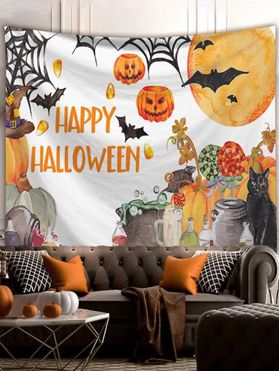 Happy Halloween Pumpkin Bat Black Cat Print Hanging Wall Tapestry