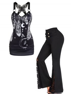 Contrast Dreamcatcher Print Butterfly Lace Insert Tank Top And Bell Bottom Pants Casual Outfit