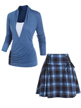 Colorblock Ruched Crossover 2 In 1 T Shirt And Plaid Print Lace Up Pleated Mini Skirt Casual Outfit