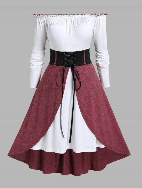 Plus Size Dress Contrast Colorblock Dress Off the Shoulder Lace Up Ruffle A Line Midi Dress