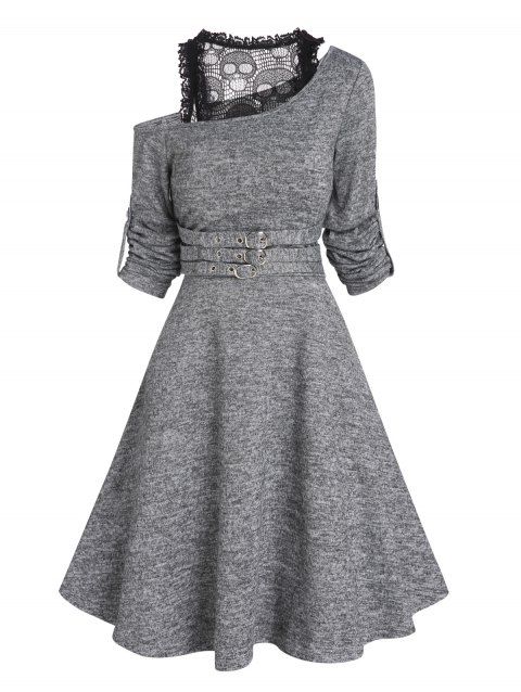 Skew Neck Lace Skull Insert Knit Mini Dress Buckle Strap Rolled Up Long Sleeve Knitted Dress