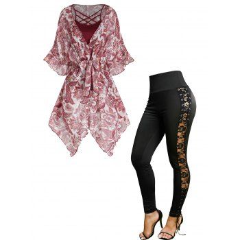 

Tribal Flower Print Asymmetric Top Lattice Camisole Set And Lace Up Lace Leggings Casual Outfit, Multicolor