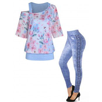 

Flower Print Skew Neck Faux Twinset Top And 3D Faux Denim Print Jeggings Casual Outfit, Light blue