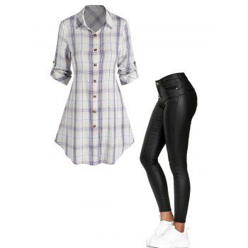 

Plaid Printed Button Up Long Sleeve Shirt And Zipper Fly Pockets PU Pants Casual Outfit, Multicolor