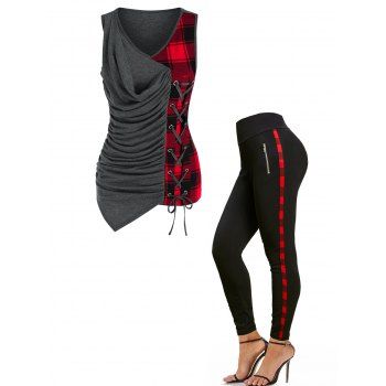 

Plaid Panel Ruched Checkered Lace Up Asymmetric Tank Top And Zipper Embellishment Pants Casual Outfit, Multicolor