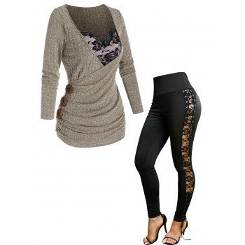 

2 in 1 Rose Lace Surplice Mock Button Knit T Shirt And Lace Up Floral Lace Panel High Waist Leggings Outfit, Multicolor