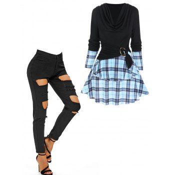 

Plaid Print O Ring Layered Draped Faux Twinset T Shirt And Ripped Skinny Zipper Fly Jeans Casual Outfit, Multicolor
