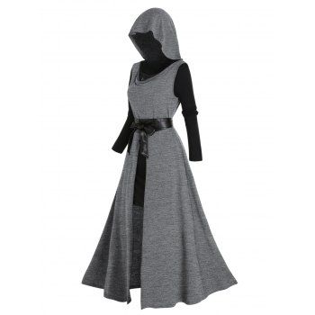 

High Slit Longline Hooded Top And Flower Lace Insert Long Sleeve Mini Tee Dress Two Piece Set, Gray