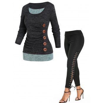 

Colorblock Space Dye Mock Button Long Sleeve Faux Twinset T Shirt And Skinny Lace Up Leggings Outfit, Multicolor