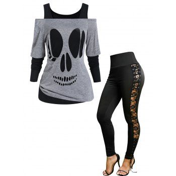 

Off The Shoulder Skull Cut Out Top Cold Shoulder Long Sleeve T-shirt And Floral Lace Panel Lace Up Leggings Outfit, Multicolor