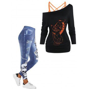 

Halloween Cat Witch Moon Print Skew Collar T-shirt Lattice Cami Top And Flower Skull Faux Denim 3D Print Jeggings Outfit, Multicolor