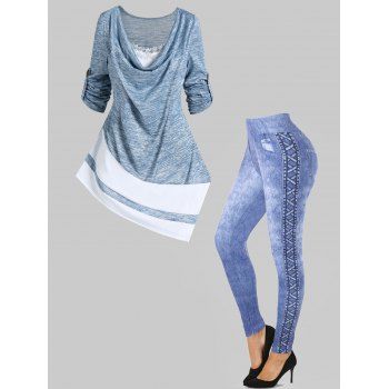 Colorblock Space Dye Print Asymmetric Cowl Collar Lace Ruffled T Shirt And 3D Faux Denim Print Skinny Jeggings Outfit