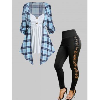 

Plaid Print Colorblock Asymmetric Hem Ruched Twofer Top And Lace Up Floral Lace Leggings Casual Outfit, Multicolor
