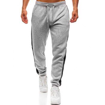 

Patchwork Jogger Pants Pockets Beam Feet Drawstring Long Pants, Light gray