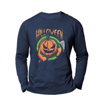 

Halloween Funny Cartoon Pumpkin Print T-shirt Long Sleeve Tee, Cadetblue