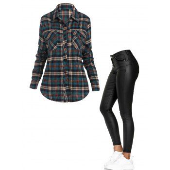 

Plaid Print Pocket Patches Button Up Shirt And Zipper Fly Pockets PU Pants Casual Outfit, Multicolor