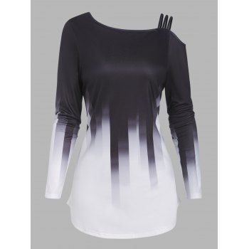 

Ombre Stripe Print T Shirt One Cold Shoulder Long Sleeve Casual Tee, Black