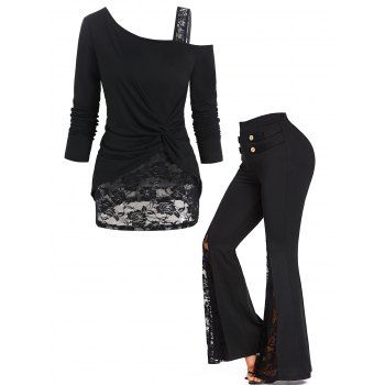 

Flower Lace Panel Skew Neck Mock Button Ruched T Shirt And Bell Bottom Pants Casual Outfit, Black