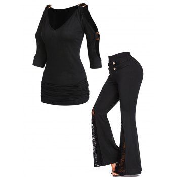 

Cold Shoulder O Ring Ruched V Neck T Shirt And Lace Panel Bell Bottom Pants Casual Outfit, Black