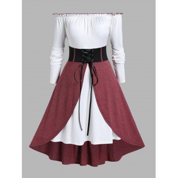 

Plus Size Dress Contrast Colorblock Dress Off the Shoulder Lace Up Ruffle A Line Midi Dress, Deep red