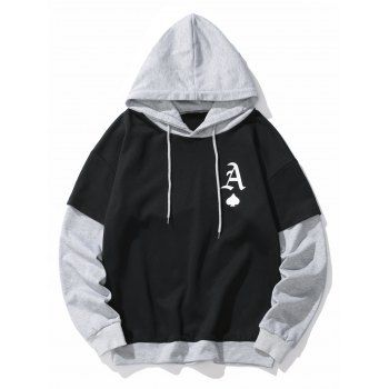 

Contrast Colorblock 2 In 1 Hoodie Letter Print Drawstring Long Sleeve Sweatshirt With Hood, Black