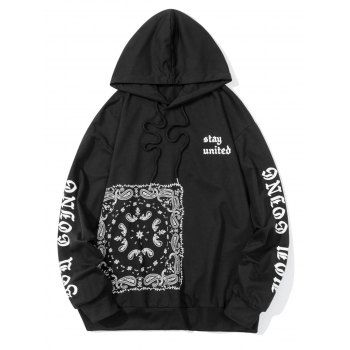 

Paisley Floral Letter Print Graphic Hoodie Drawstring Drop Shoulder Casual Hoodie, Black