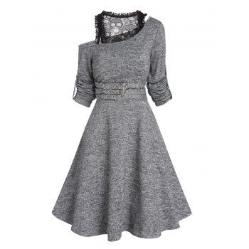 

Skew Neck Lace Skull Insert Knit Mini Dress Buckle Strap Rolled Up Long Sleeve Knitted Dress, Gray