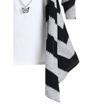 Colorblock Chevron Graphic Faux Twinset Knit Top Mock Button Long Sleeve Asymmetric Knitted Top With Butterfly Chain