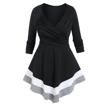 

Colorblock T Shirt Striped Print Crossover Ruched Casual Long Sleeve Tee, Black