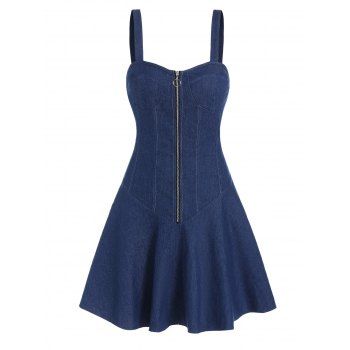 

Denim Dress A Line Dress Solid Color Half Zipper Corset Sleeveless Casual Mini Dress, Deep blue