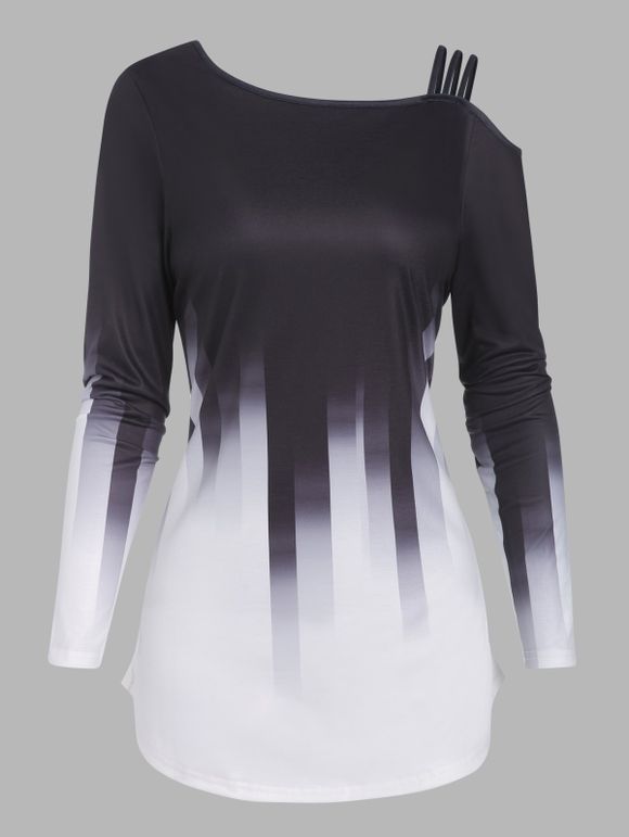 T-shirt Décontracté Rayé Ombré Imprimé à Une Epaule Dénudée à Manches Longues - Noir XL