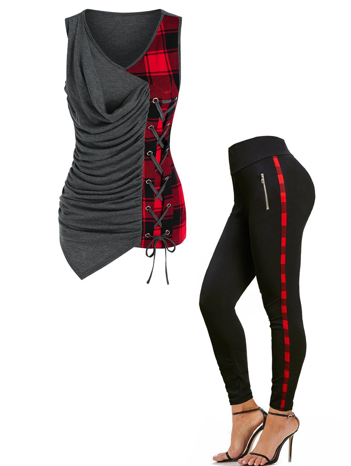 Plaid Panel Ruched Checkered Lace Up Asymmetric Tank Top And Zipper Embellishment Pants Casual Outfit - multicolor S