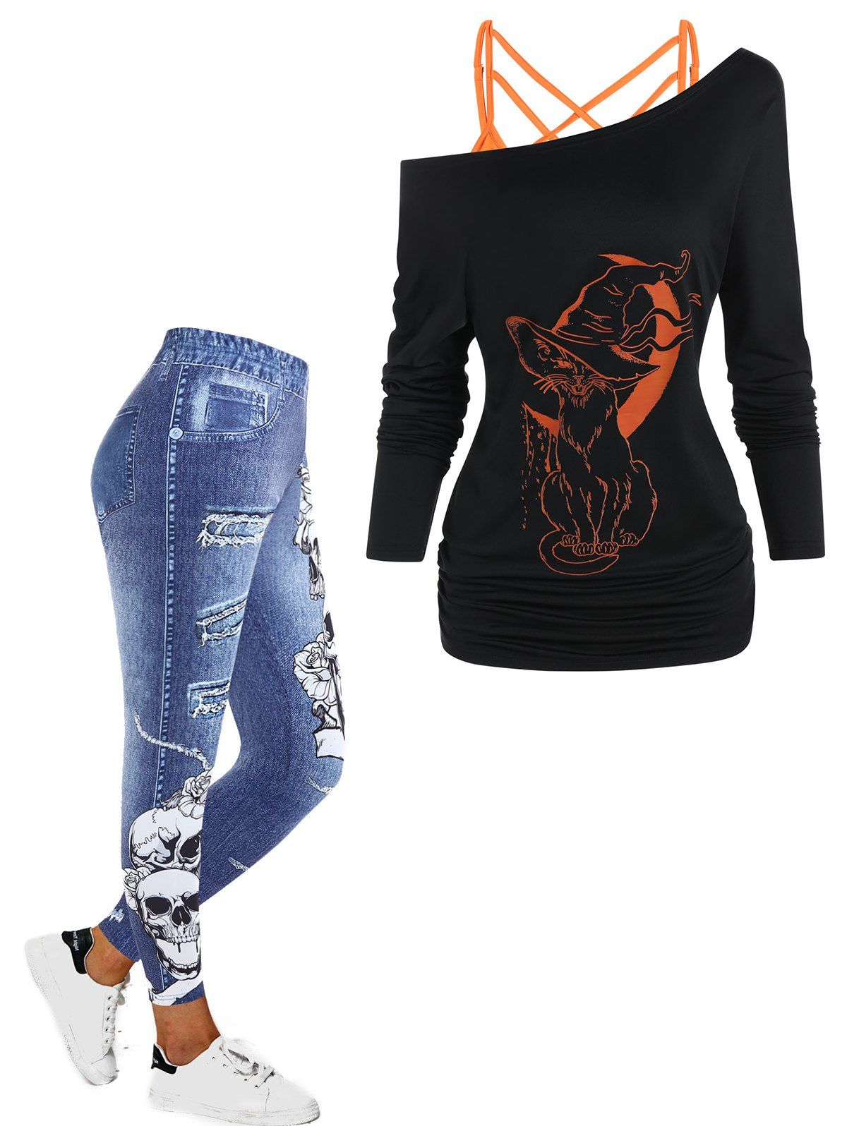 T-shirt D'Halloween à Bretelle à Imprimé Chat et Crâne à Col Oblique et Legging en Faux Denim - multicolor S