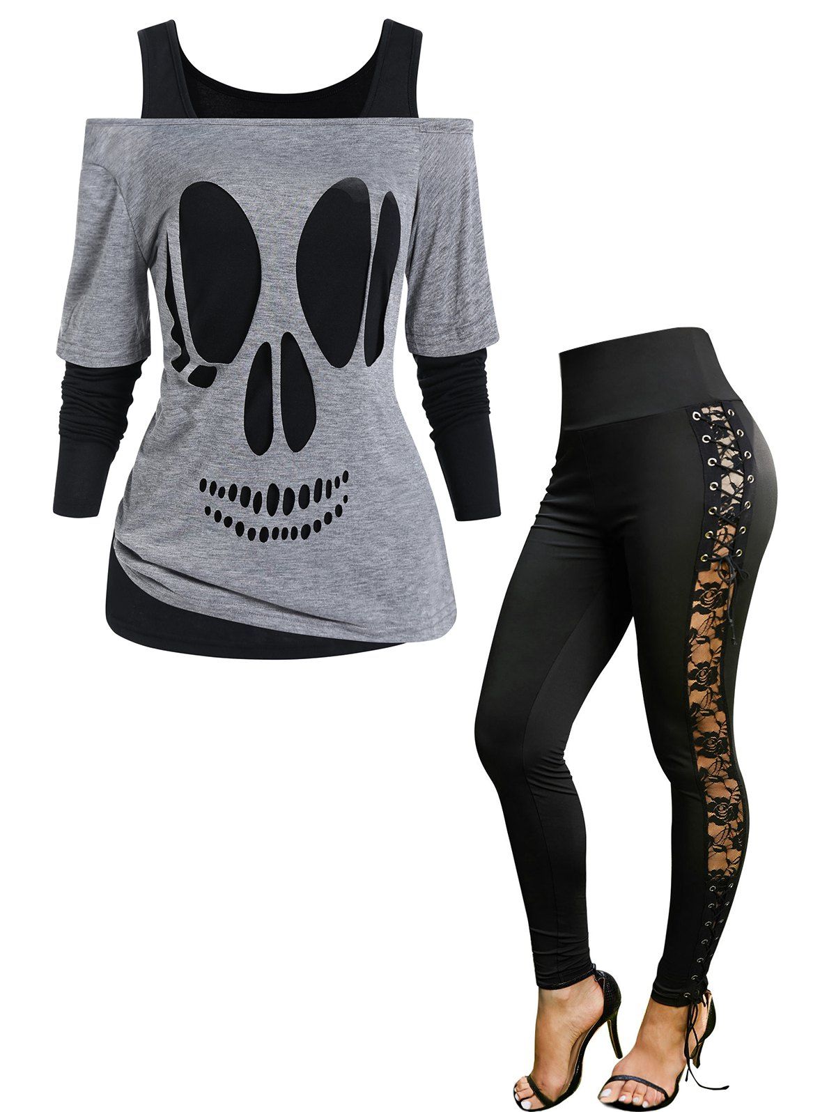 Off The Shoulder Skull Cut Out Top Cold Shoulder Long Sleeve T-shirt And Floral Lace Panel Lace Up Leggings Outfit - multicolor S