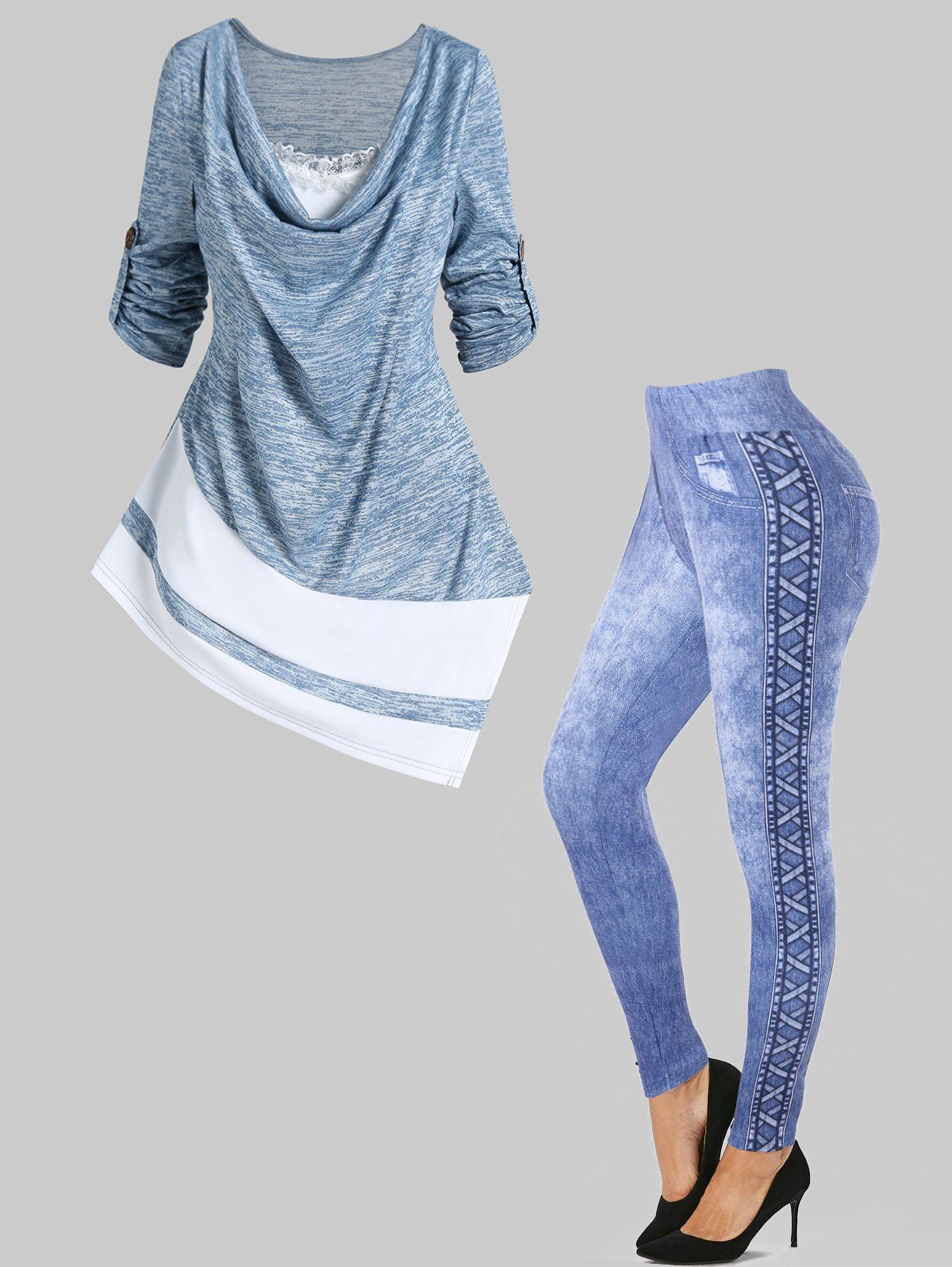 Colorblock Space Dye Print Asymmetric Cowl Collar Lace Ruffled T Shirt And 3D Faux Denim Print Skinny Jeggings Outfit - BLUE S