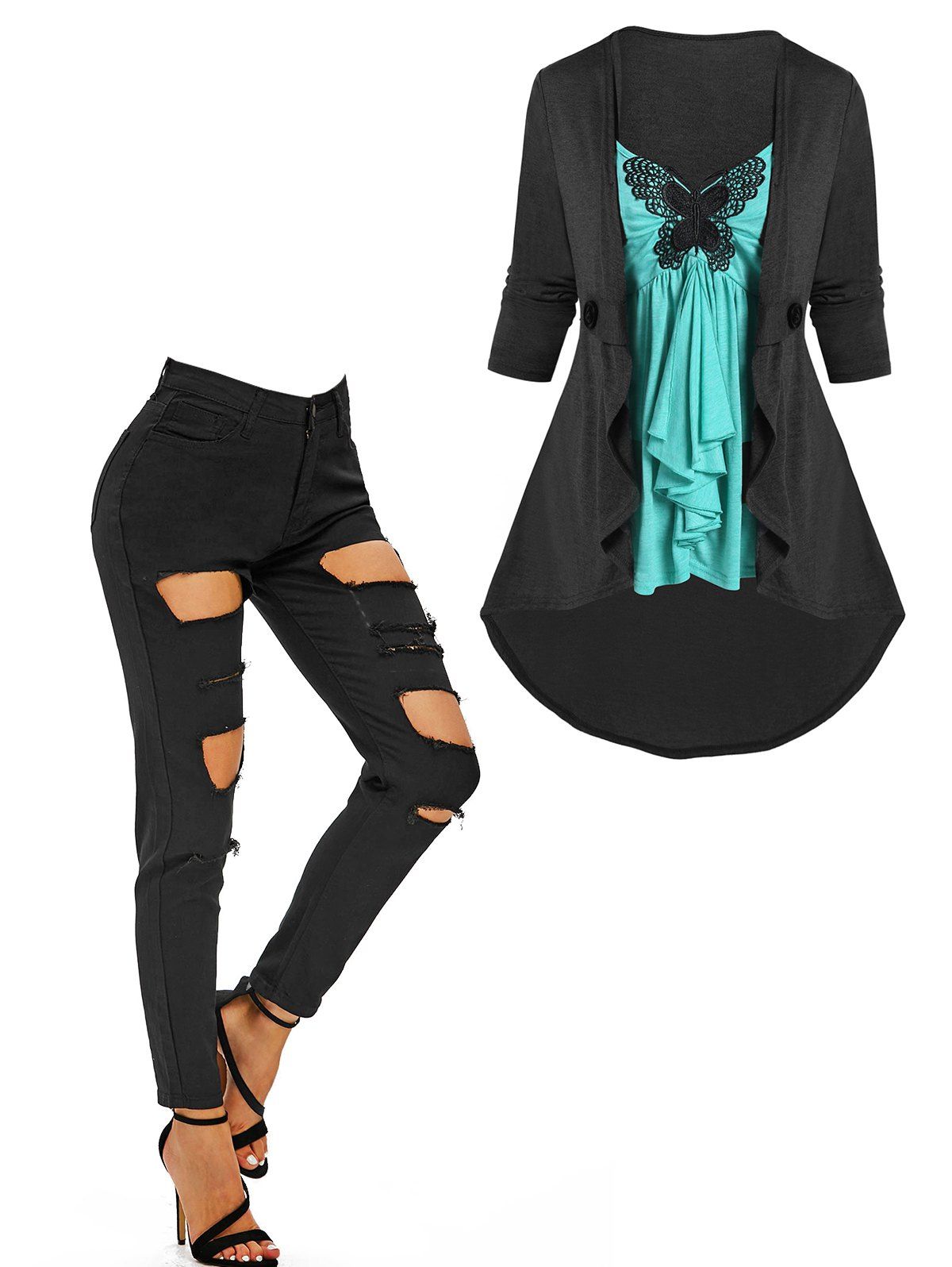 Colorblock Butterfly Lace Frilled Twofer T Shirt And Ripped Zipper Fly Jeans Casual Outfit - BLACK S