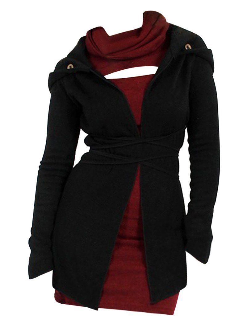 Open Front Hooded Fleece Coat And Cut Out Turtleneck Short Sleeve Mini Tee Dress Two Piece Set 