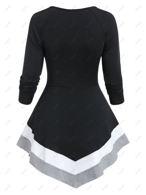 T-shirt Décontracté Croisé Rayé Imprimé en Blocs de Couleurs à Manches Longues - Noir XXXL