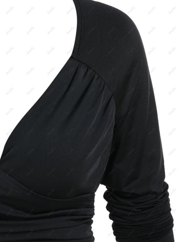 T-shirt Décontracté Croisé Rayé Imprimé en Blocs de Couleurs à Manches Longues - Noir XXXL