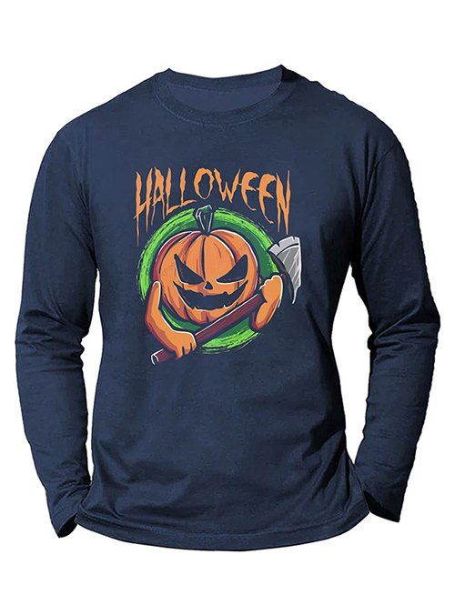 T-shirt D'Halloween à Imprimé Citrouille Dessin Animé Amusant à Manches Longues - Cadetblue 3XL