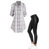 Plaid Printed Button Up Long Sleeve Shirt And Zipper Fly Pockets PU Pants Casual Outfit - multicolor S