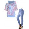Flower Print Skew Neck Faux Twinset Top And 3D Faux Denim Print Jeggings Casual Outfit - LIGHT BLUE S