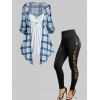 Plaid Print Colorblock Asymmetric Hem Ruched Twofer Top And Lace Up Floral Lace Leggings Casual Outfit - multicolor S